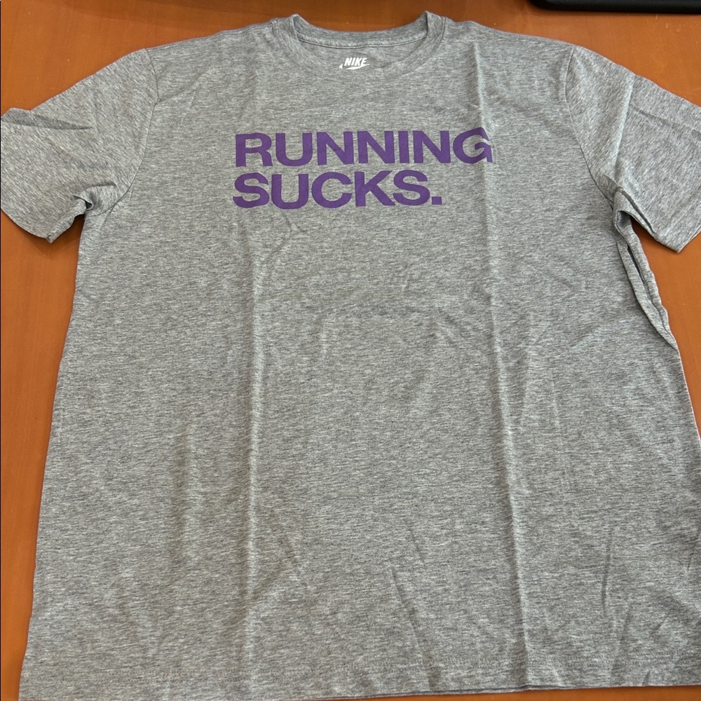 Nike Gray Short-Sleeve Tee with Purple "RUNNING SUCKS." Graphic
